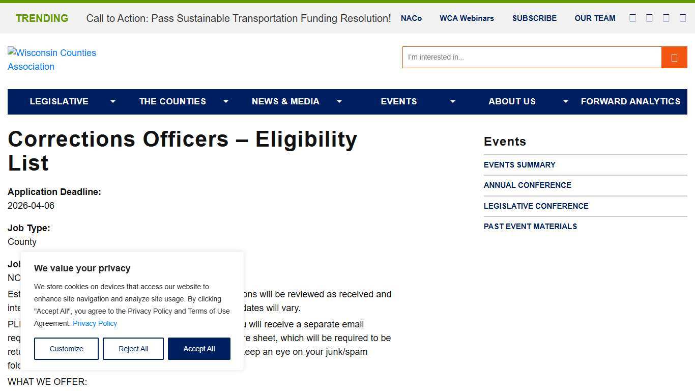 Corrections Officers - Eligibility List - Wisconsin Counties Association